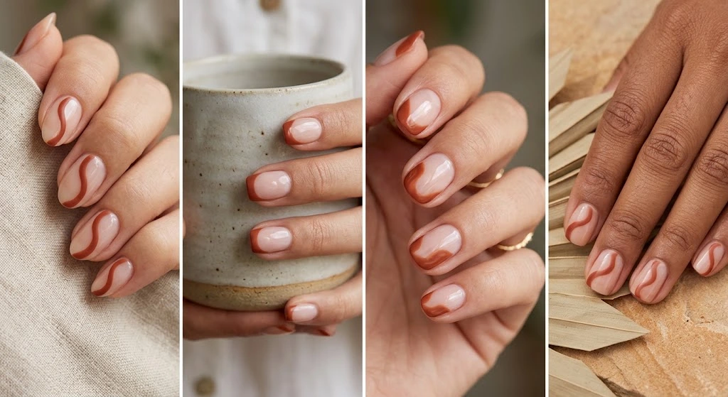 Negative space terracotta curved swirls on short natural nude fall nails