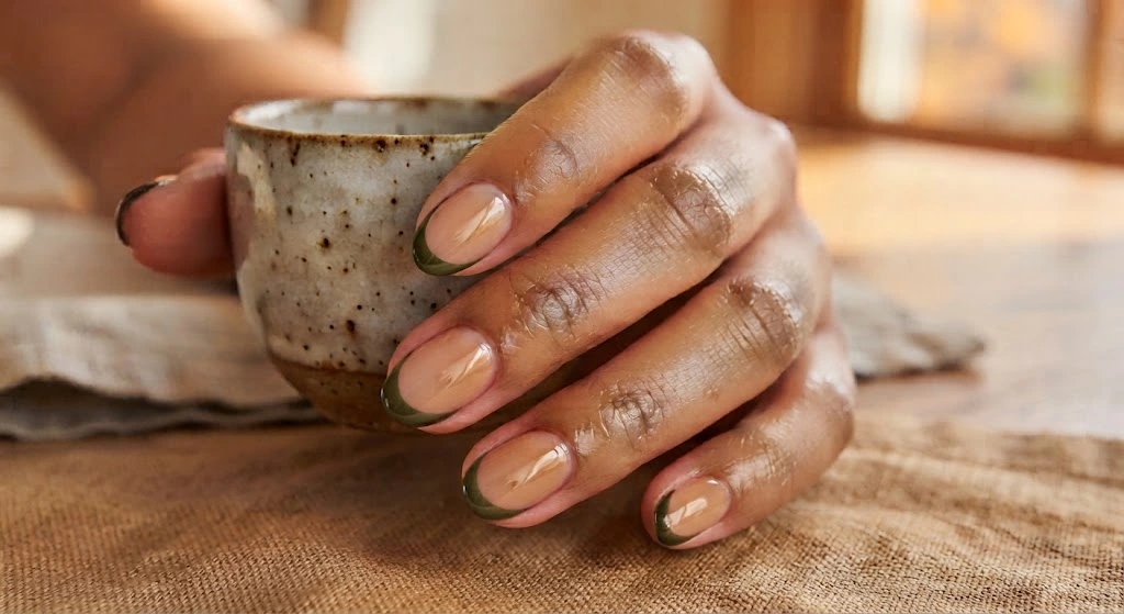 Forest and olive green micro french tip nail art on sheer nude short natural nails for fall
