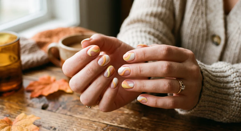 Retro candy corn color abstract wave swirls in muted orange cream and yellow on short round nails