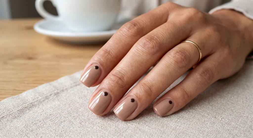 Minimalist chai brown dot nail art on bare nude short fall nails