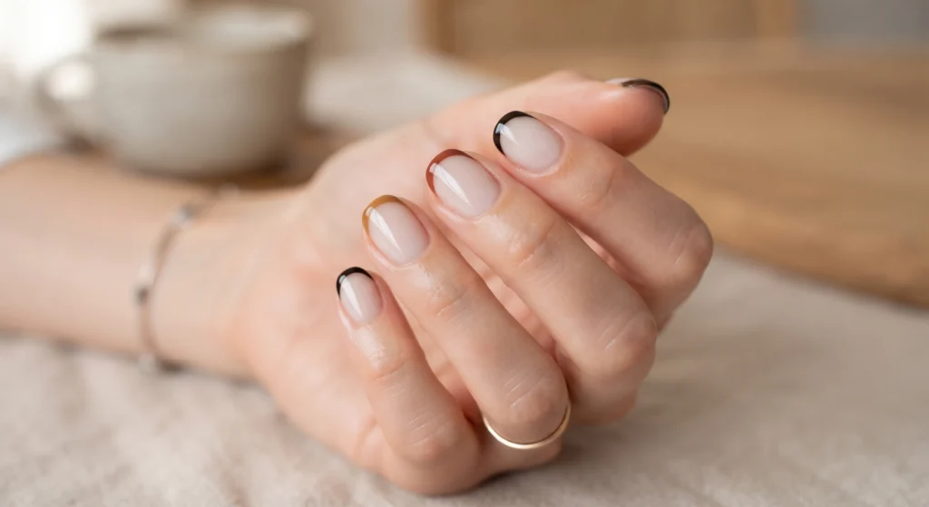 Mismatched gradient autumn palette micro French tips across short natural squoval nails