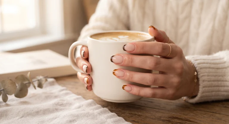 12 chic fall french tip nails for short nails featuring tortoiseshell and chocolate brown micro french designs