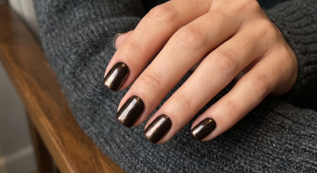 Glazed espresso bean chrome manicure on short square fall nails