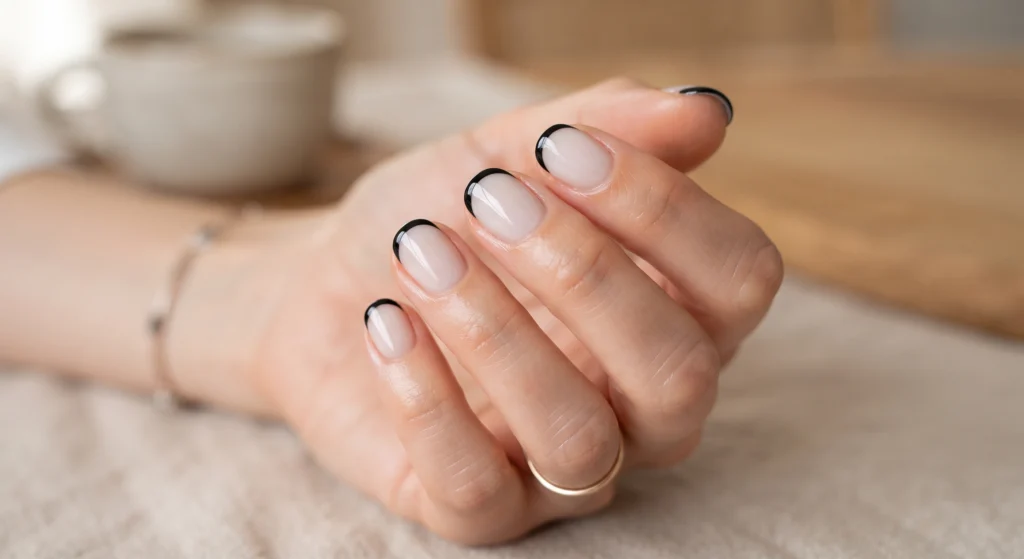 High-gloss inky black micro French tips on sheer milky neutral short natural nails
