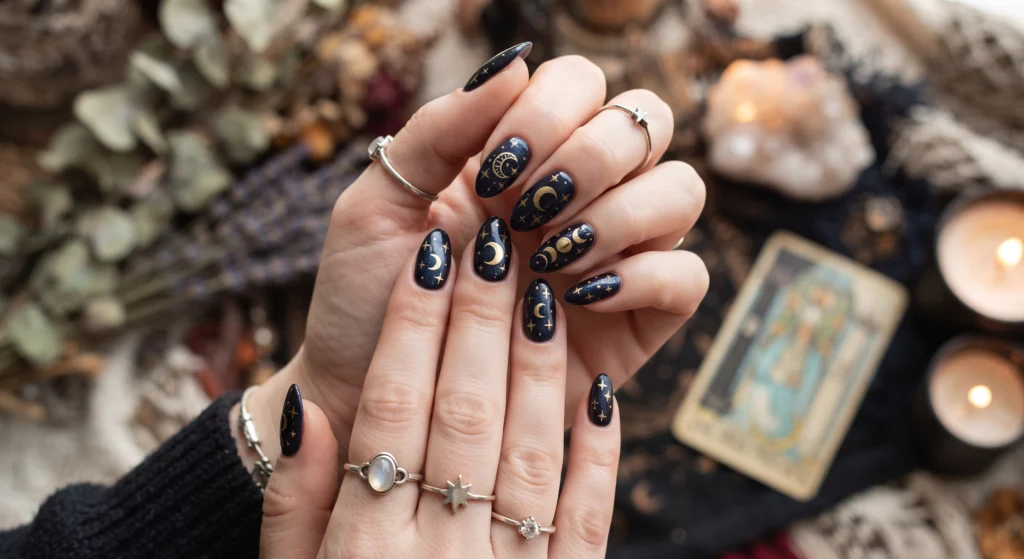 Amber tortoiseshell pattern framed with thin inky black french borders on short squoval nails