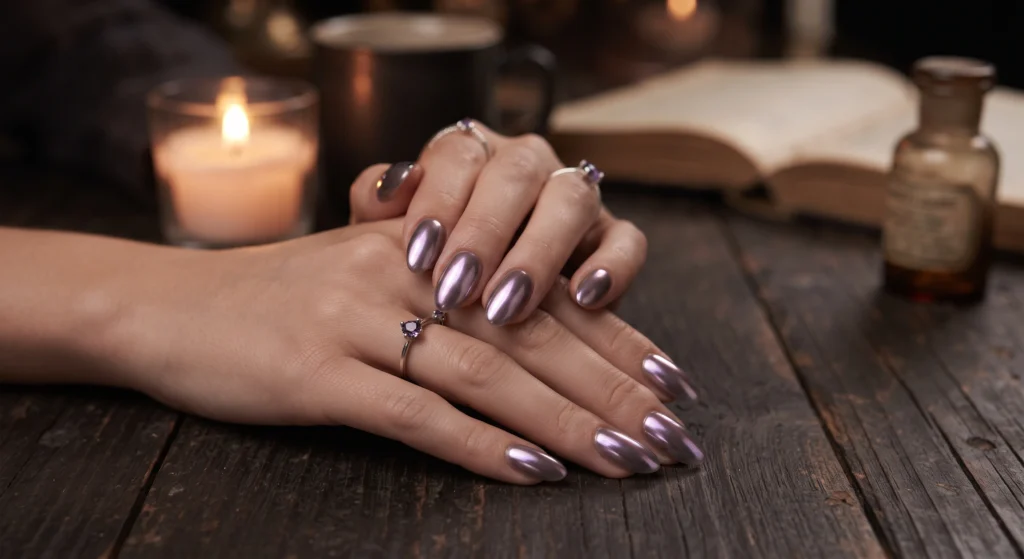 Smoky glazed chrome short natural nails with iridescent pearlescent shimmer for Halloween