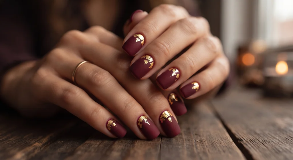 Matte burgundy wine short natural nails accented with antique gold foil flakes for Halloween