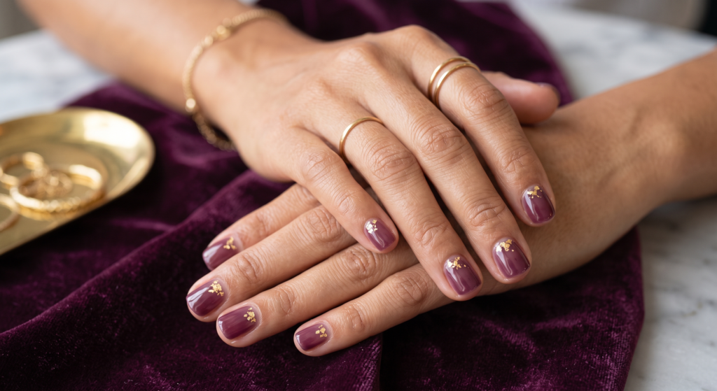 Sheer jelly plum nails with delicate gold foil specks on short fall manicure