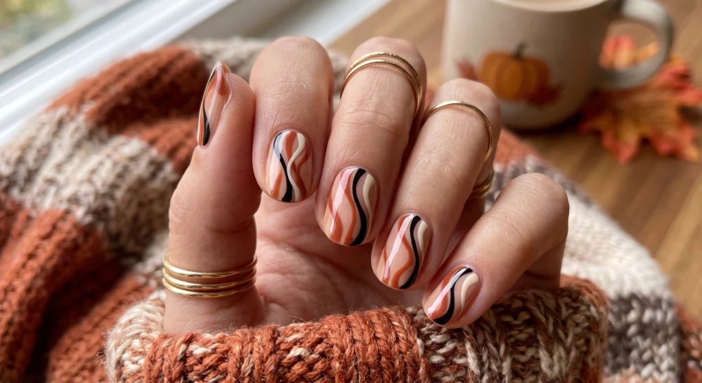Abstract wavy swirl lines in terracotta black and cream on sheer nude short natural nails