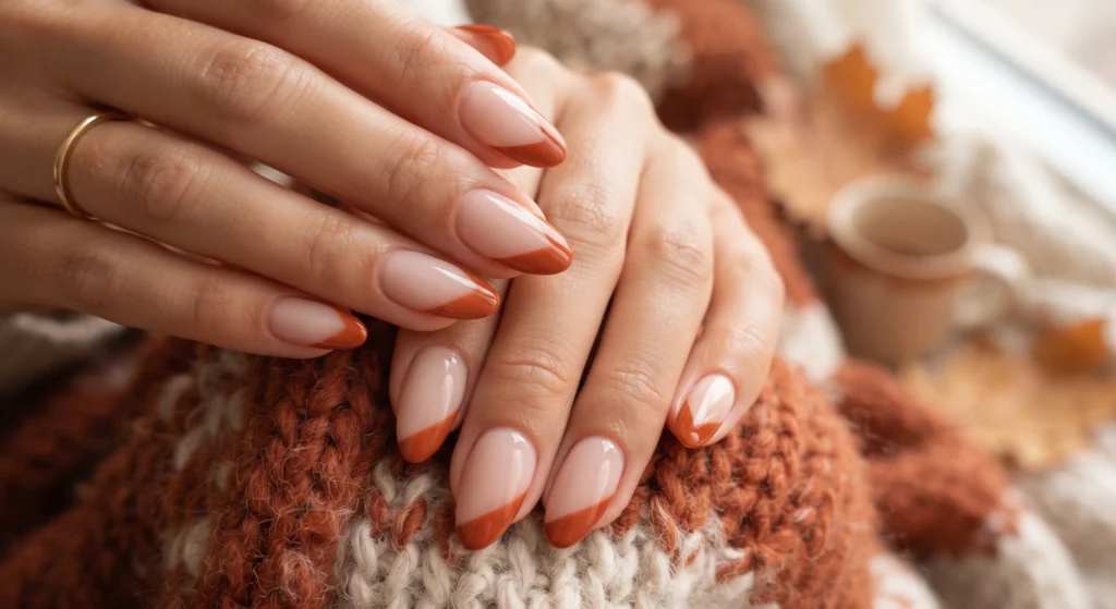 Side swept asymmetrical diagonal fall french tip in chocolate brown on short natural squoval nails