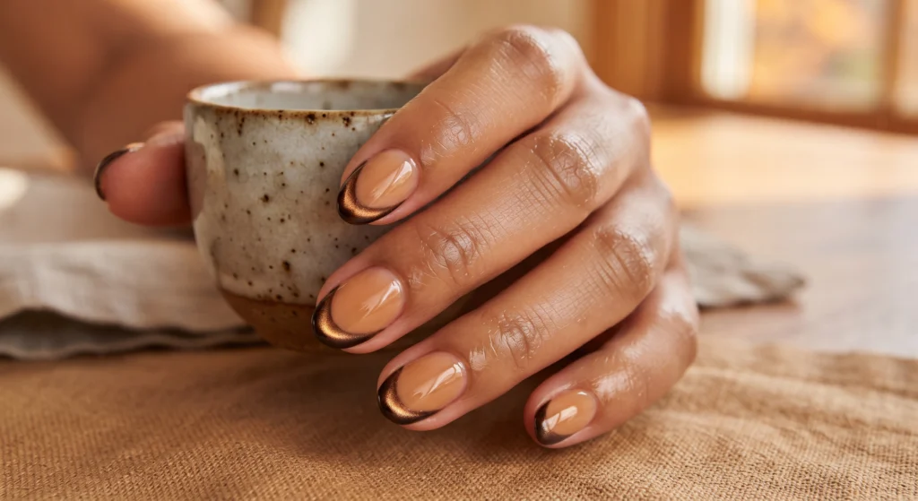 Rich espresso dark chocolate and mocha velvet cat-eye micro French tips on short natural nails
