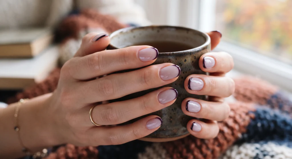 Midnight plum and dark blackberry micro French smile line tips on sheer cool nude short oval nails
