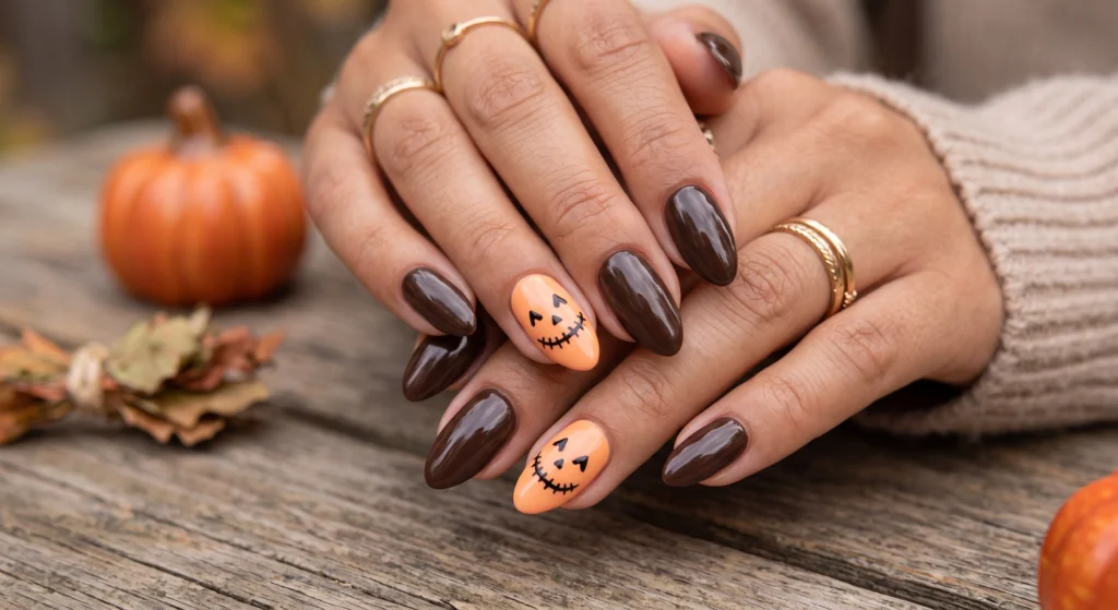 Minimalist smiling jack o lantern face accent nail with soft orange and milky nude short nails