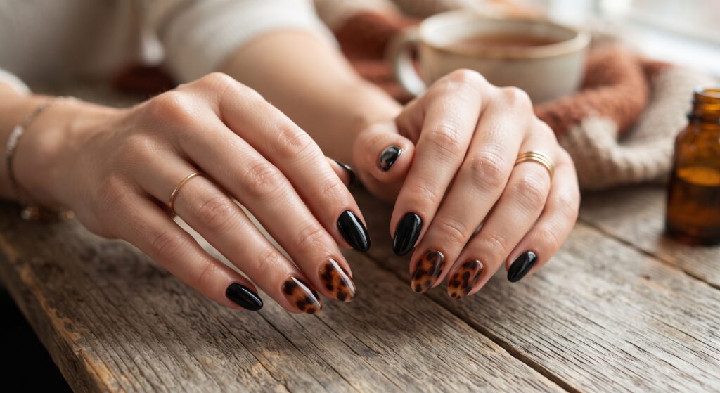 Mismatched glossy black and amber tortoiseshell split manicure on short squoval natural nails
