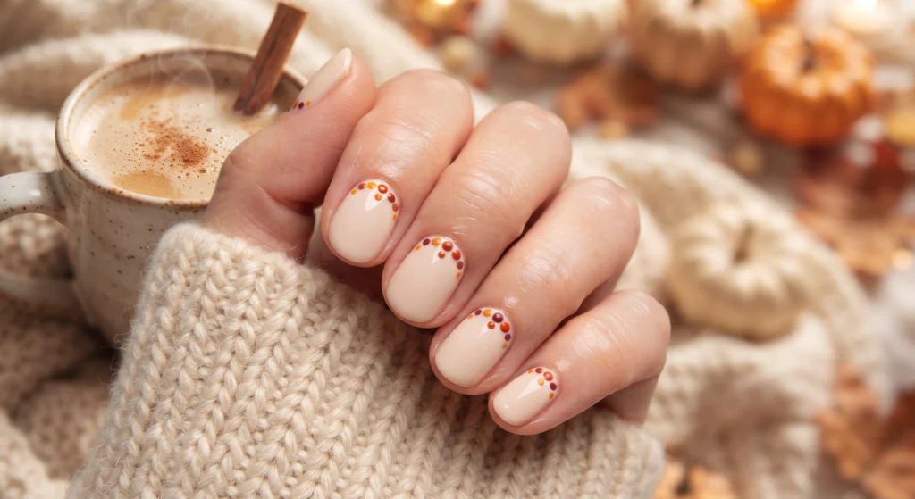 Pumpkin spice micro dots nail art in burnt orange and terracotta on short natural nails