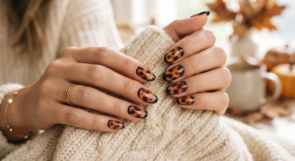 Amber tortoiseshell pattern framed with thin inky black french borders on short squoval nails