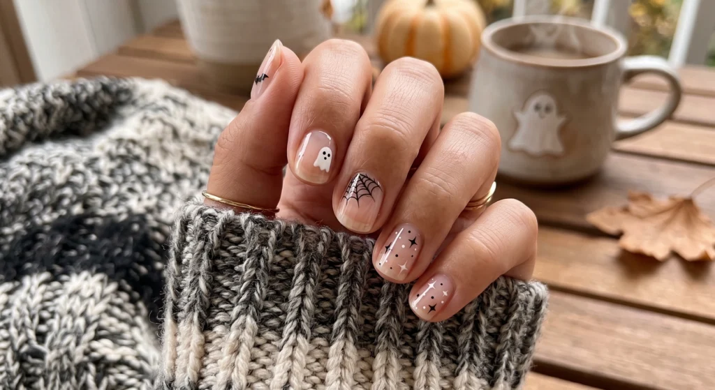 Mismatched monochrome Halloween nail art with micro ghosts bats and stars on short natural nails