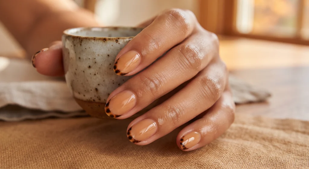 The tortoiseshell micro french tip nail art on short natural squoval nails with sheer builder gel base