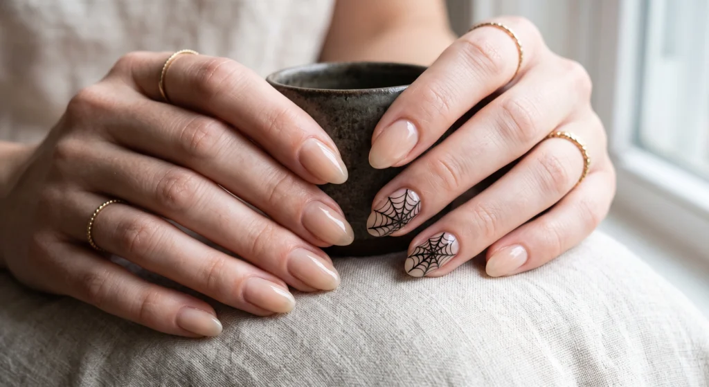 Dainty black spiderweb nail art on sheer nude short natural nails for Halloween