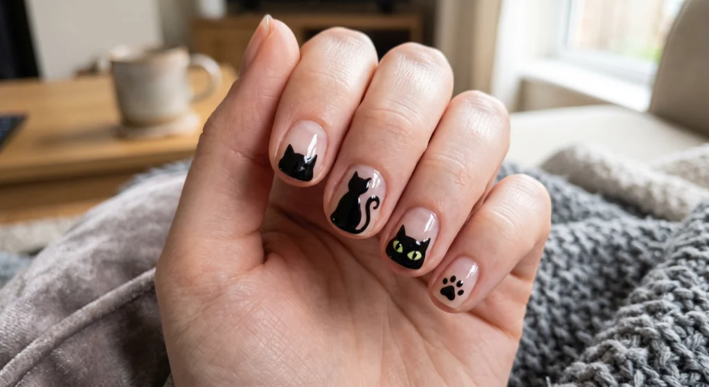 Minimalist black cat silhouette negative space nail art on natural short glossy nails for Halloween