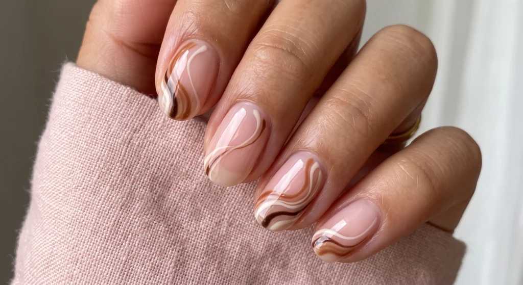 Warm pecan brown abstract swirls over sheer pink short fall nails