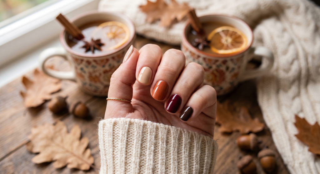 Spiced cider mismatched monochrome gradient tones on short natural fall nails