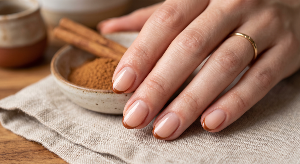 Cinnamon micro-French tips on a bare natural base for short fall nails