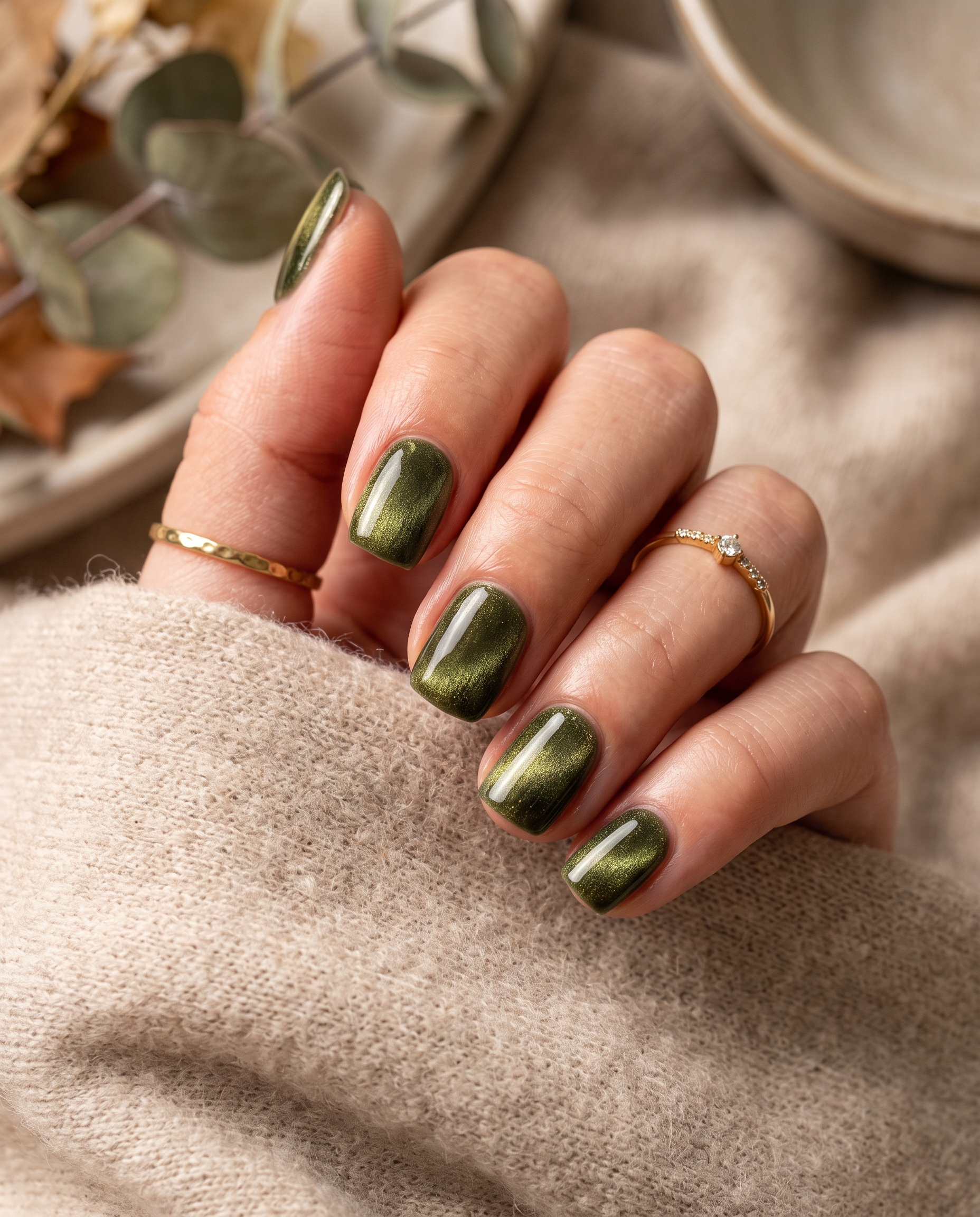 Velvet moss green cat-eye magnetic manicure on short rounded autumn nails