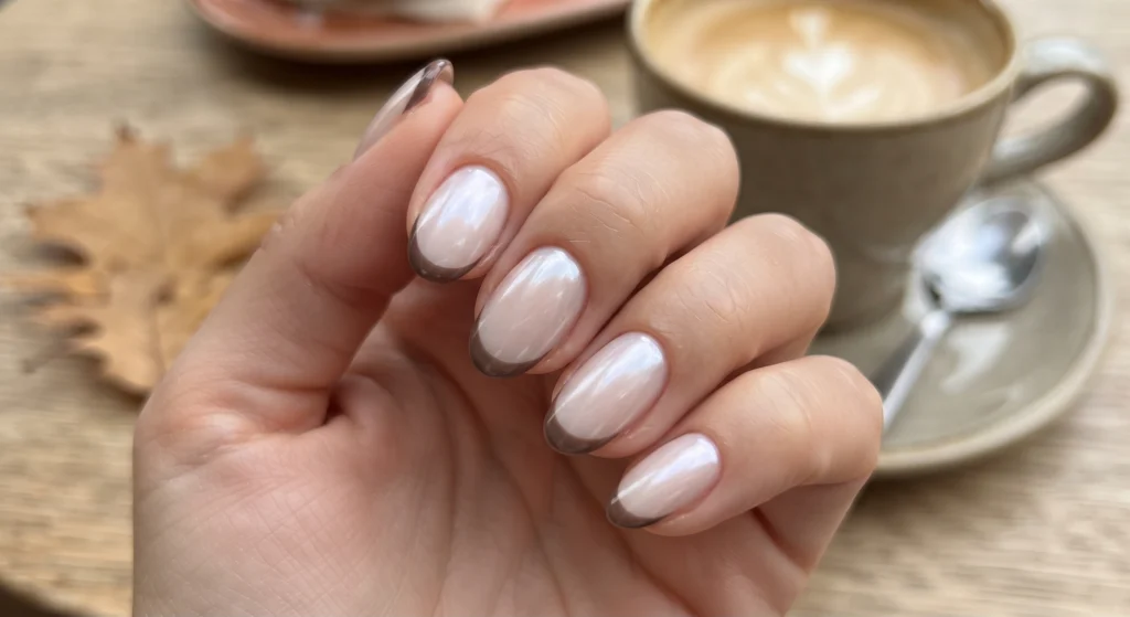 Glazed chrome chocolate brown espresso micro french tips on short natural nails with pearlescent shine