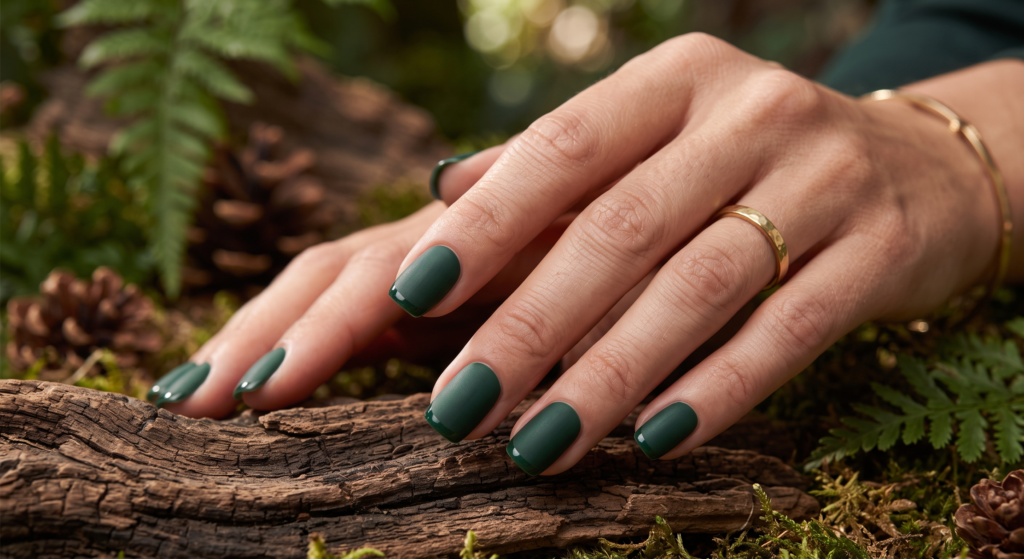 Matte forest green short nails with a matching glossy French tip edge