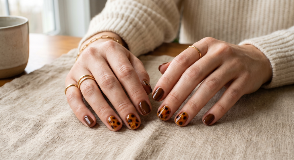 Dimensional amber tortoiseshell accent nail design on short autumn squoval nails