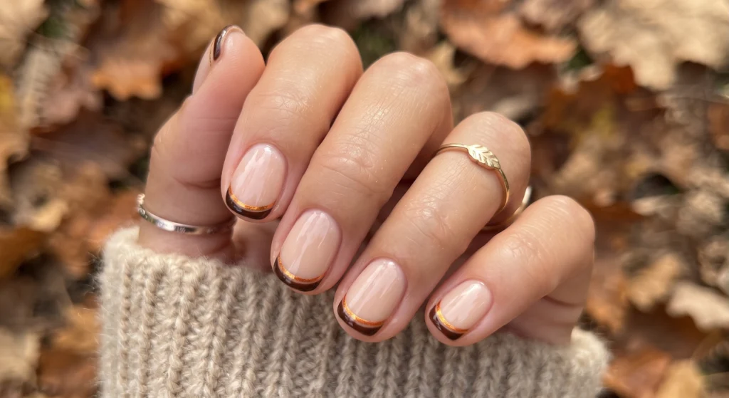 Double line fall micro French tip nail art in dark espresso and gold chrome on short squoval nails