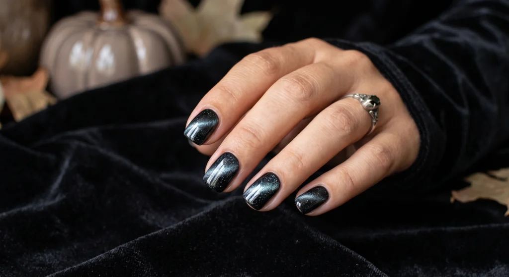 Velvet midnight black cat eye magnetic polish on short natural squoval nails for Halloween