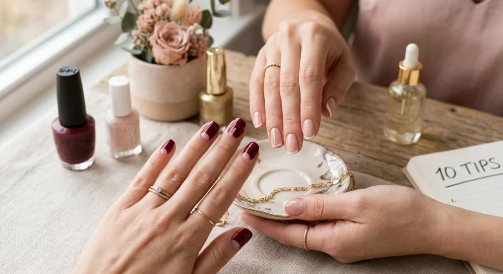 How to make short nails look longer using sheer neutral polish, vertical lines, and micro French tips