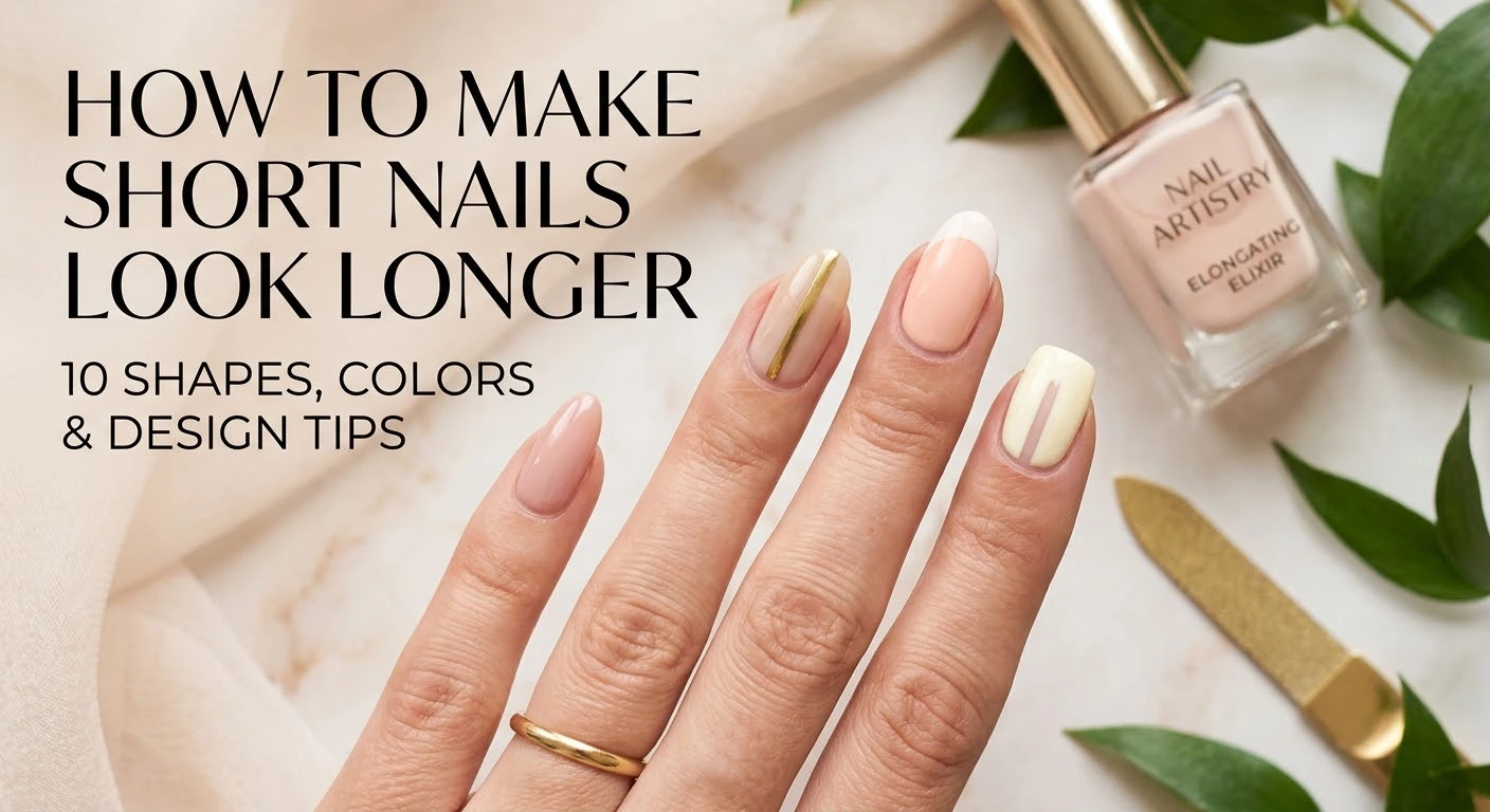 A guide image showing short nails polished in neutral shades with vertical lines, nude colors, and a french tip to make them look longer.