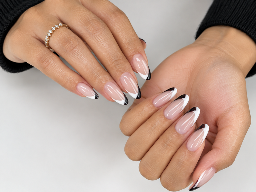 Short nails featuring soft V-shaped French tips that elongate the nail plate