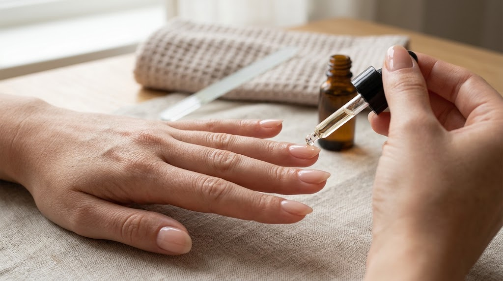 Applying nourishing cuticle oil with a dropper to well-groomed short natural nails