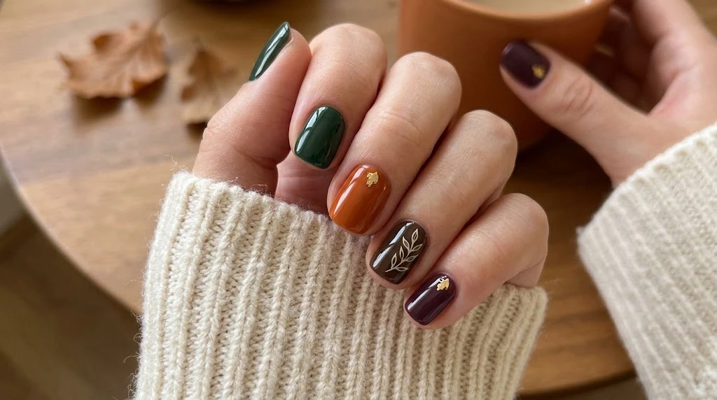 Short nails painted in rich autumn colors like espresso brown, forest green, and burgundy with minimalist gold leaf accents