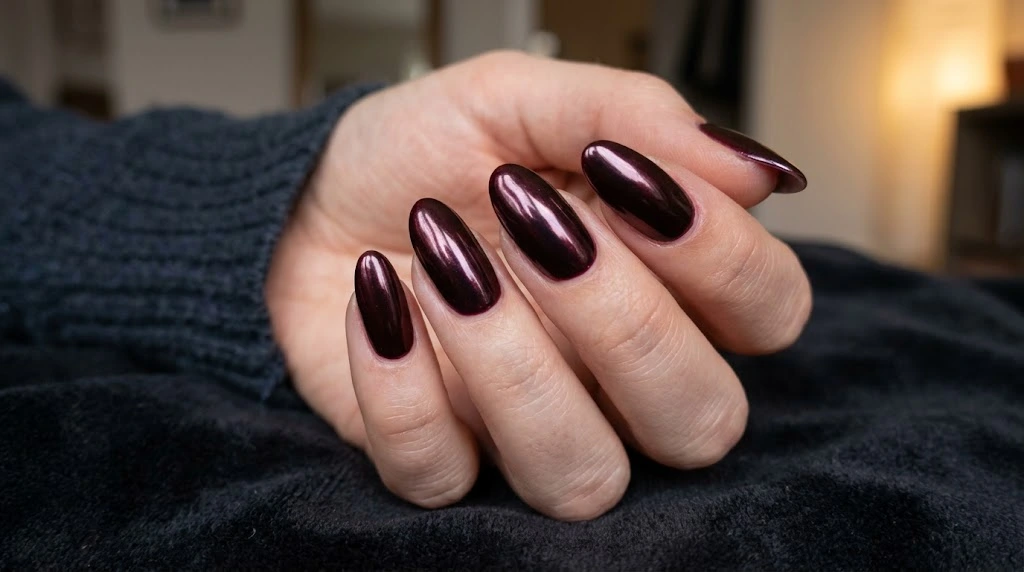 Glazed black cherry chrome short nails with liquid metal pearlescent shine