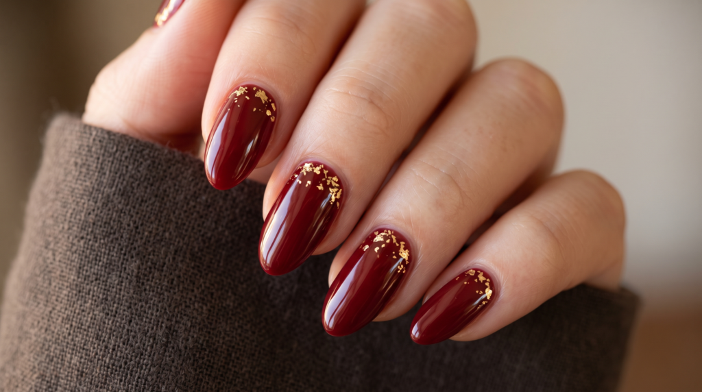 Short black cherry nails featuring delicate gold foil flecks accent near the cuticle line