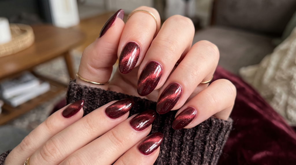 Deep cherry velvet cat-eye short nails with a luminous magnetic 3D shimmer effect