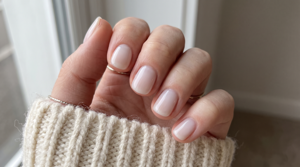 Short natural nails with semi-sheer cloud-like milky white builder gel