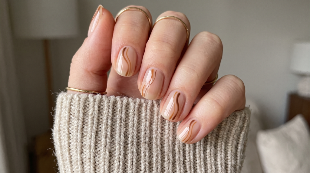 Short natural nails with a sheer neutral base and caramel and chocolate brown vertical swirls