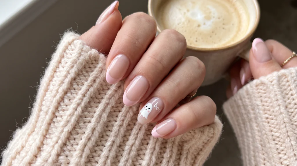Cozy pastel pink French tip nails with cute blushing ghosts on short nails