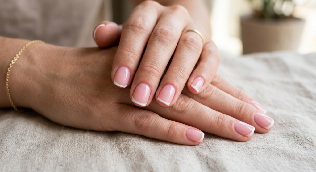 Short natural nails painted in sheer nude and milky soft pink polish to elongate fingers