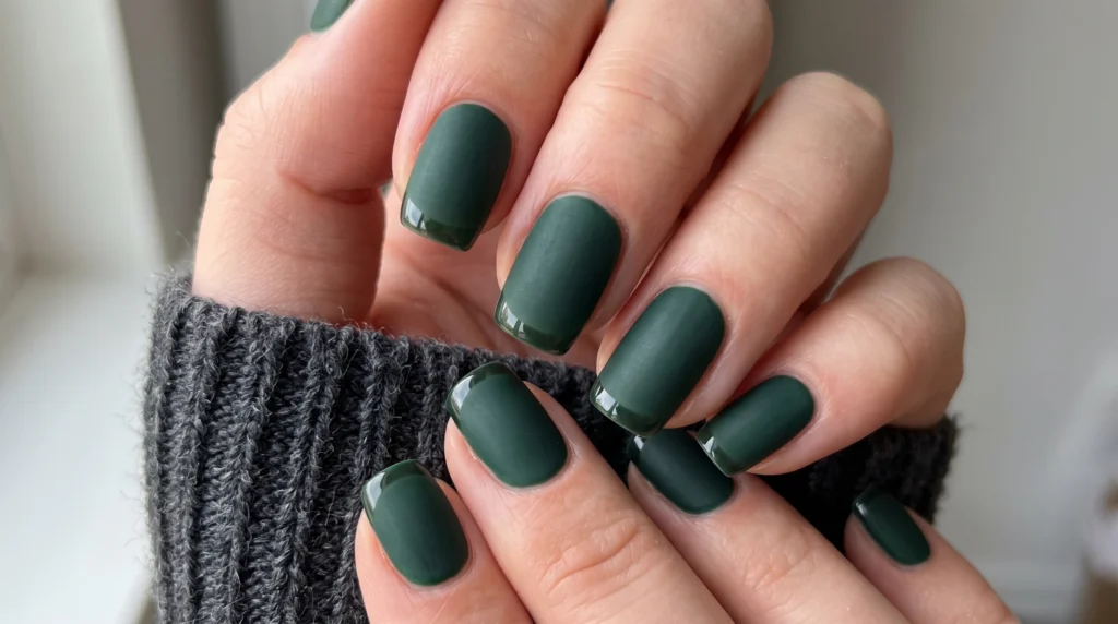 Short squoval nails painted in deep forest green with a velvety matte body and glossy French tip