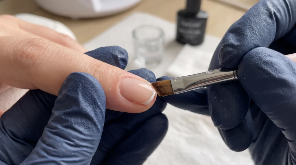 Flat angled brush dipped in acetone cleaning the smile line of a short French manicure