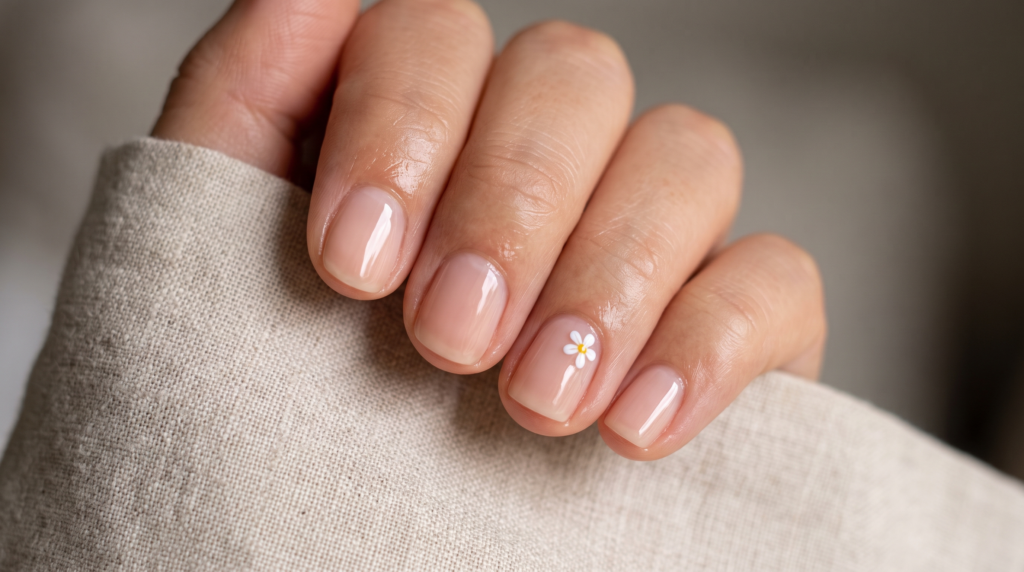 Minimalist short manicure with a glossy sheer nude base and a tiny white daisy accent on one nail