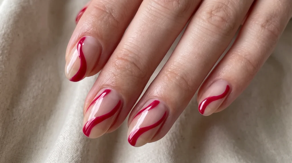 Short black cherry nails featuring negative space swirls on a sheer neutral base