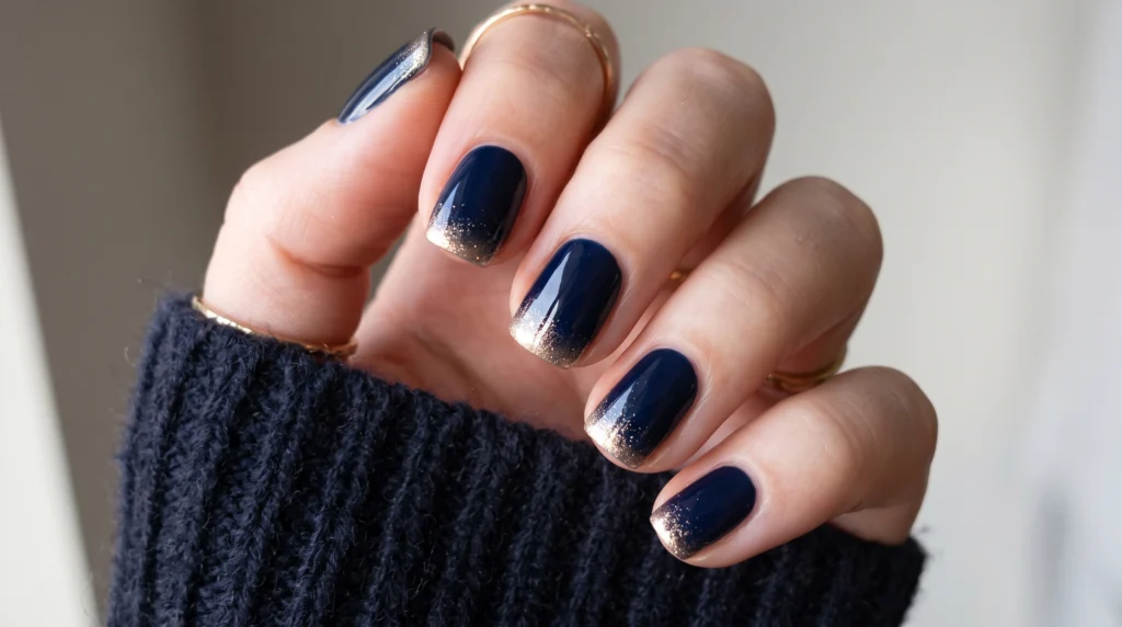 Midnight navy blue short nails with champagne gold micro stardust accents